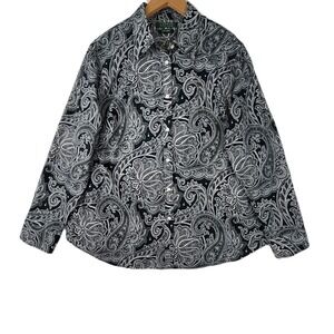 LAUREN RALPH LAUREN PAISLEY BUTTON UP SHIRT BLACK WHITE LONG SLEEVE XL X LARGE